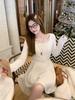Korean Style Apricot Knit Dress - 2025 Autumn/Winter Women's Long Sleeve Waist-Cinching Short Skirt