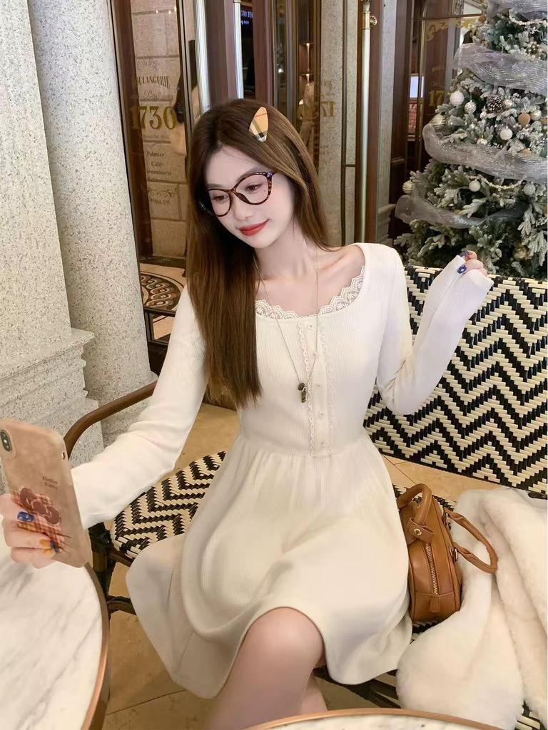 Korean Style Apricot Knit Dress - 2025 Autumn/Winter Women's Long Sleeve Waist-Cinching Short Skirt