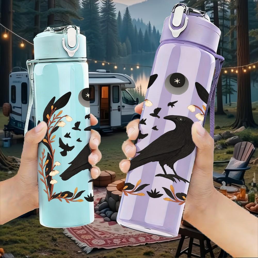 1PC Wreath Crow Bird Art 750ml Color Plastic Sports Water Bottle Leakproof Flip Straw Lid Suitable for Sports Office Home Use