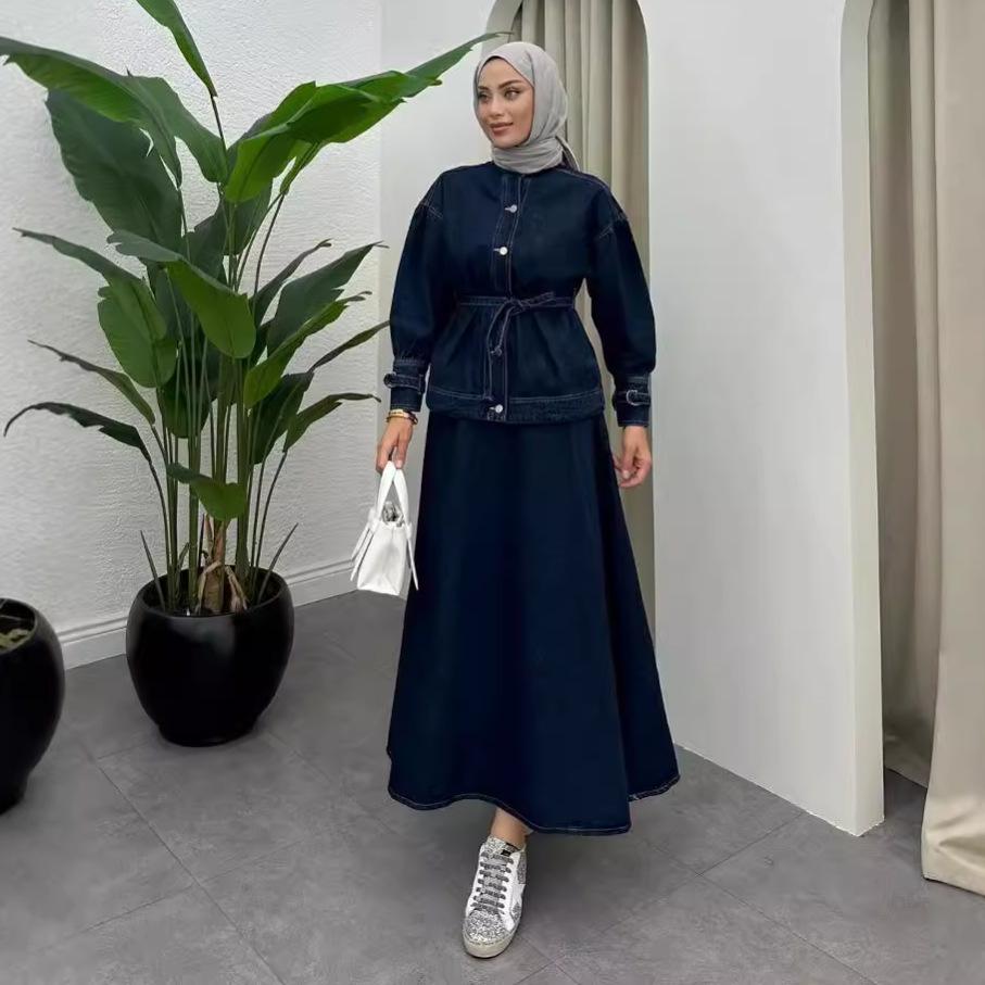 2024 European & American Women's Solid Color Short Top & Denim Long Skirt Two-Piece Set