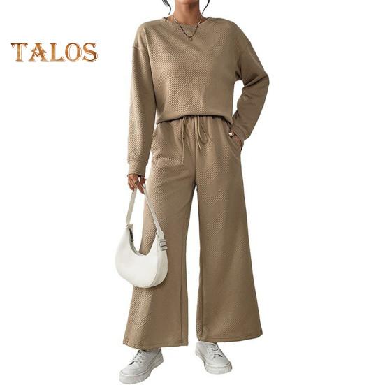 2 Teile/satz Frauen Top Hosen Anzug O Hals Lange Ärmel Einfarbig Sport Sweatshirt Kordelzug Elastische Taille Breite Bein Hosen Fitness Outfit Herbst Frühling