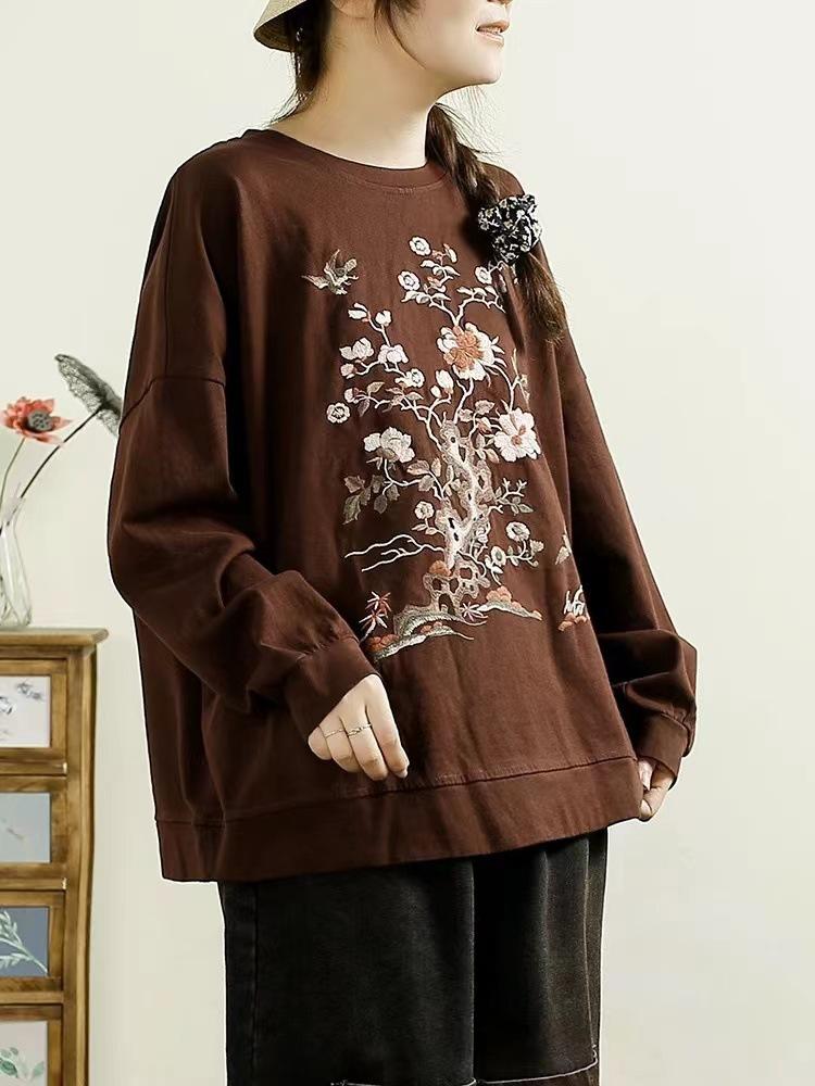 

Johnature Жіноча осіння мода в китайському стилі з круглим вирізом і нишею, суцільна кольорова вишивка, футболка з довгими рукавами, вінтаж, вільна One Size кавовий