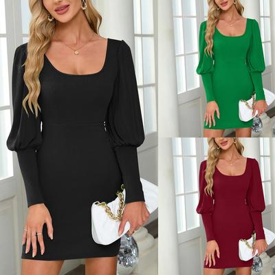 Women's Fashion Round Neck Temperament Knitted Hip Wrap Solid Colour Dresses