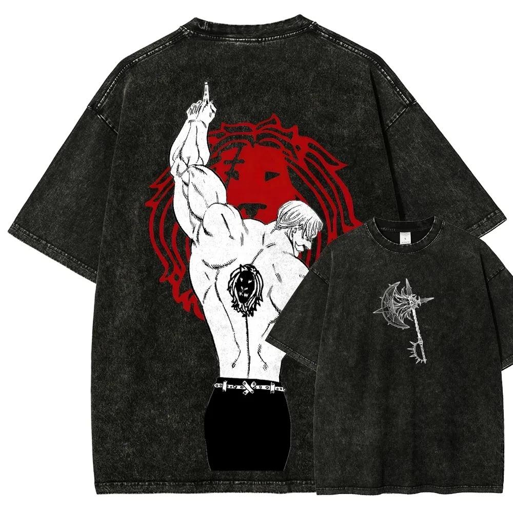 Sieben Todsünden Escanor Anime Säuregewaschenes Übergroßes T-Shirt Lässiges Baumwoll Kurzarm Grafik-T-Shirt für den Sommer Unisex