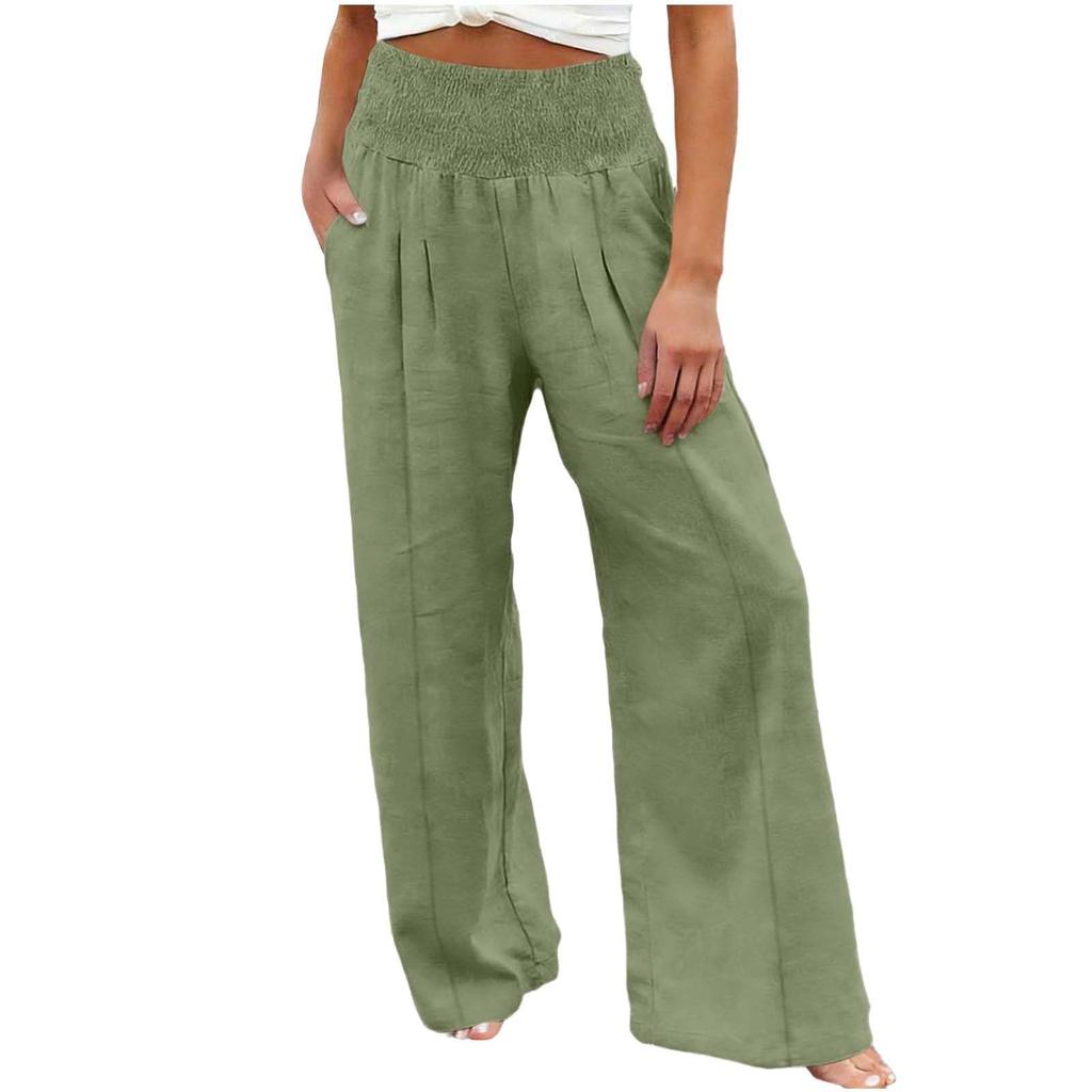 Women's Casual Fashion Cotton Linen Elastic Waist Pants With Pockets