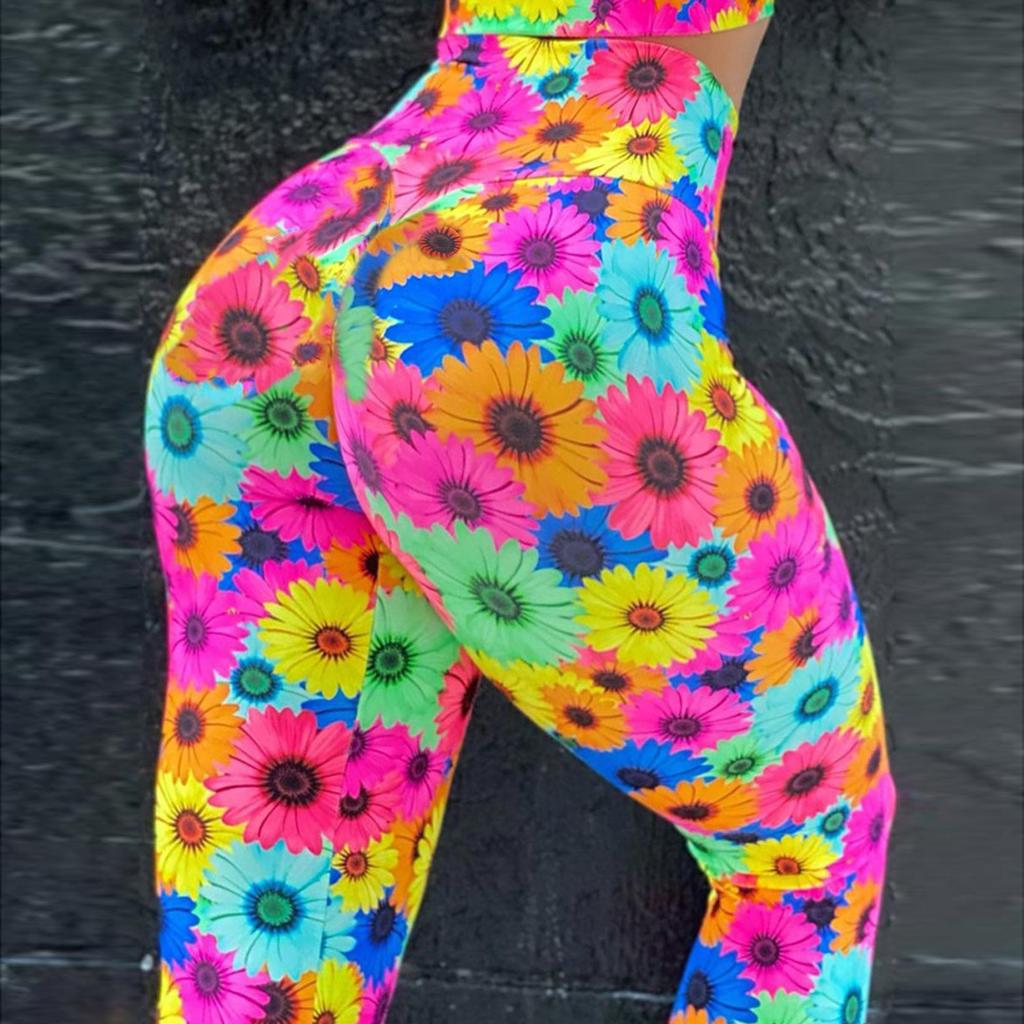 New Chrysanthemum Print Nude Yoga Trousers Hip Lift High-waisted Sports Fitness Nine-minute Trousers Sports Fitness Trousers Women