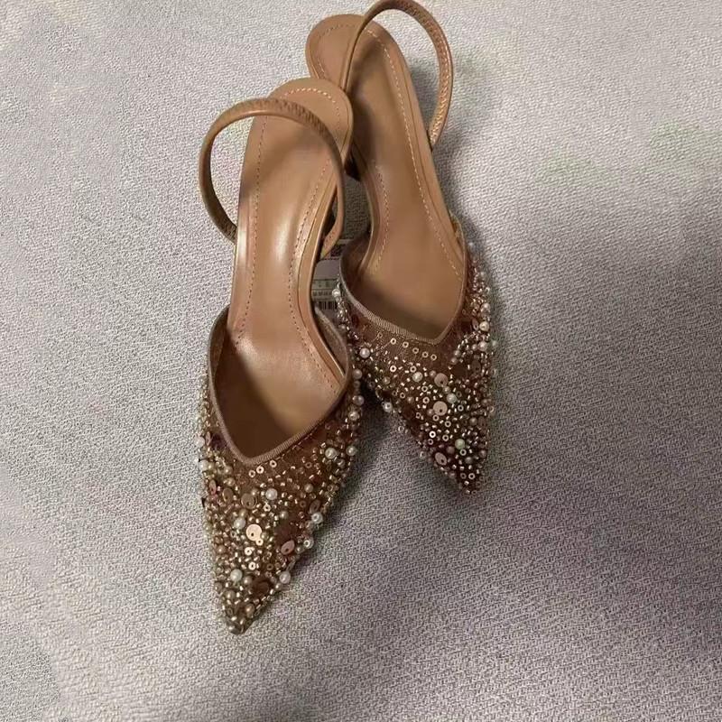 Bling Bling Pearls Sequined Air Mesh Women Pumps Sandals Elegant Thin High heels Female Slingbacks Party Modern Shoes