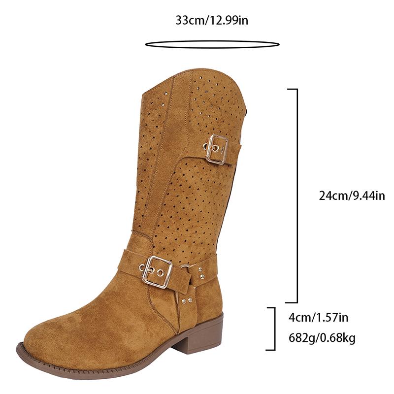 Fashion Western Retro Buckle Cowboy Boots for Women Faux Suede Hollow Out Riding Boots Woman Spring Autumn Square Heels Mid Calf Botas