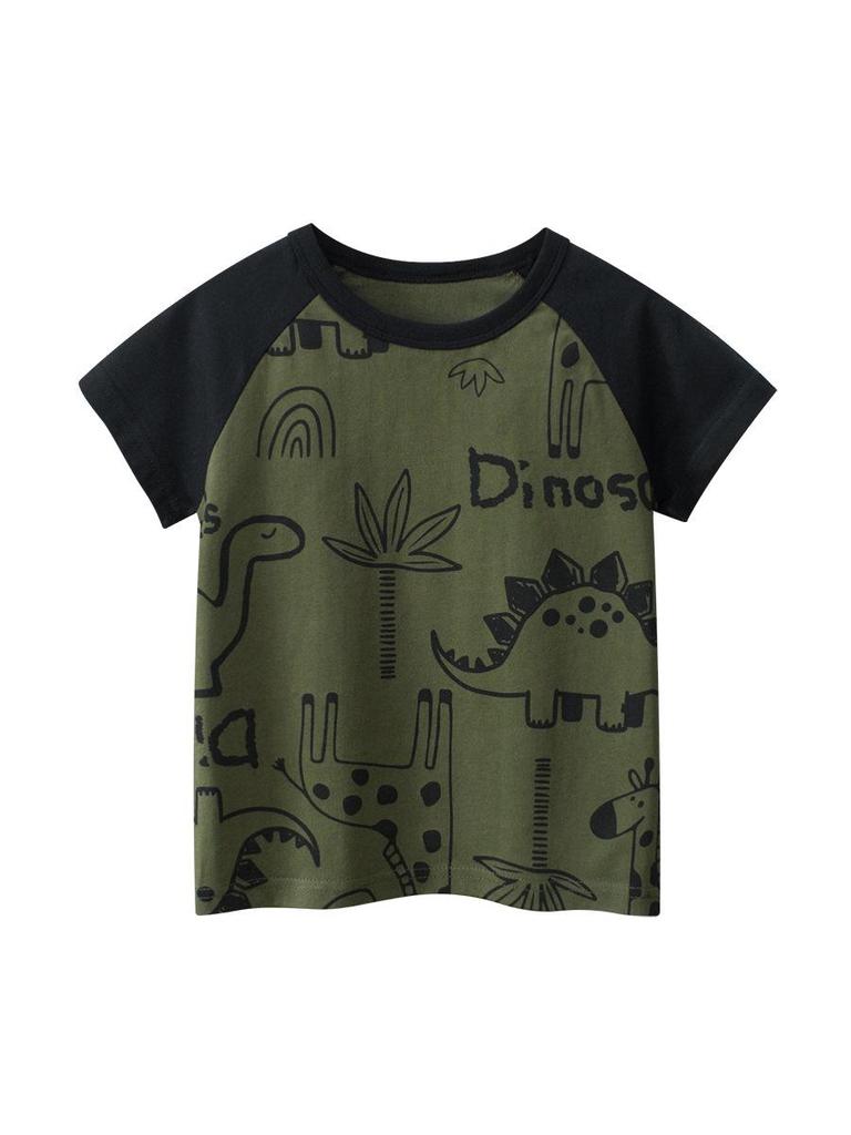 27kids Boys' Dinosaur Cartoon Raglan T-Shirt, 2025 Summer Collection.