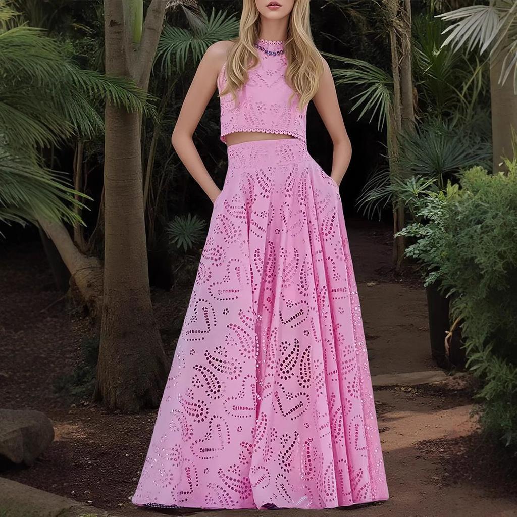 Women's Sleeveless Lace-Up Cropped Top and Maxi Skirt Set