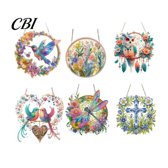 Indoor Outdoor Decor Flower Print Sun Catcher, Acrylic Colorful Owl Hummingbird Dragonfly Suncatcher, Catcher Hanging Artistic Ornament, Home
