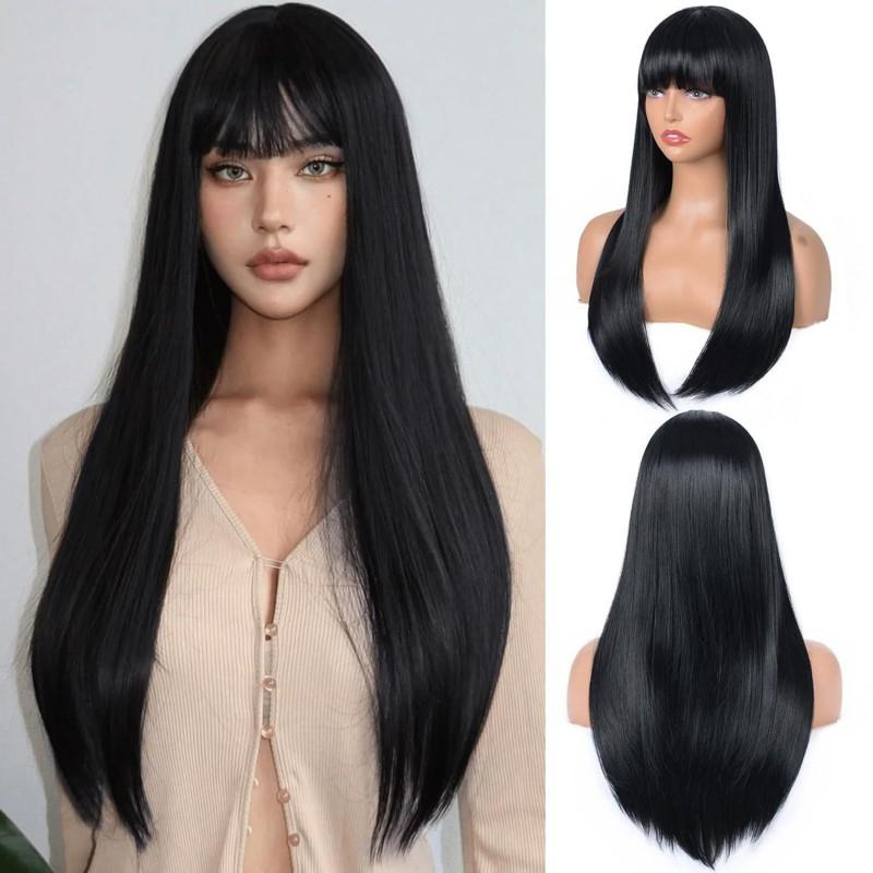 Womens Light Blonde Long Straight Wig With Bangs High Temperature Fiber Synthetic Hairpiece