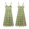 Printed Hollow Out Sling Women Dress Elegant Green Sleeveless Backless High Waist Dresses Female Summer Lady Beach Robe