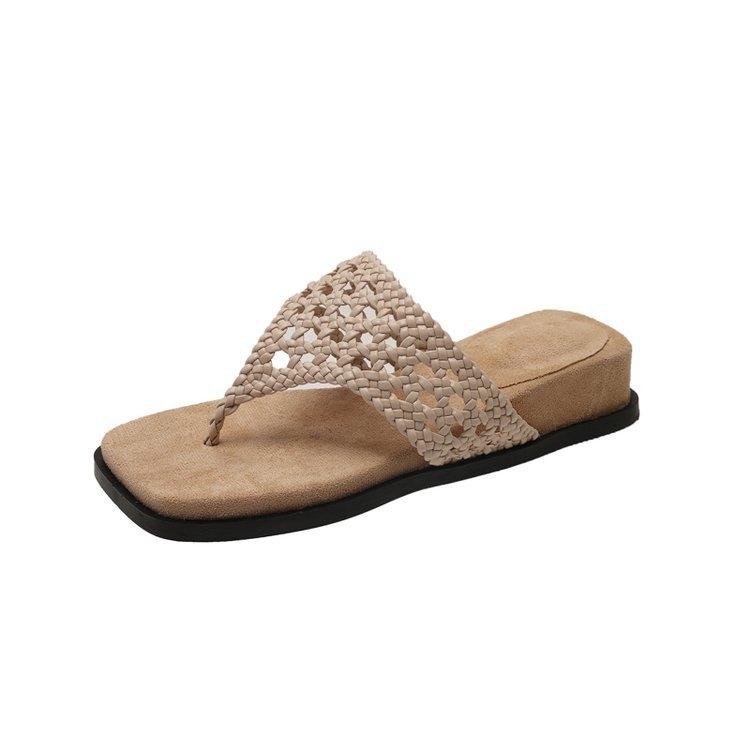 Sheepskin version~ New retro leather thick-soled hollow-toed flip-flops shoes women's versatile square head beach cool slippers