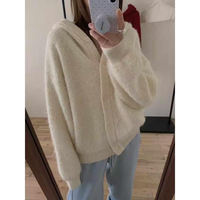 Design Sense Circle Hair Hooded Knitted Cardigan Autumn and Winter New Gentle Wind Sweater Jacket Women