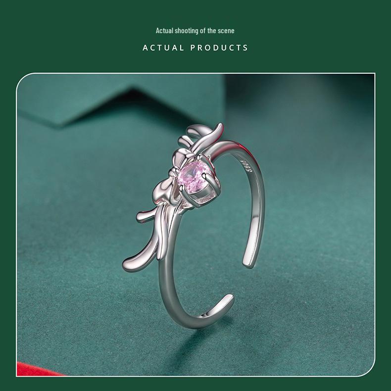 Yinziyun Original Elk Bow Open Ring - S925 Sterling Silver Christmas Lucky Jewelry