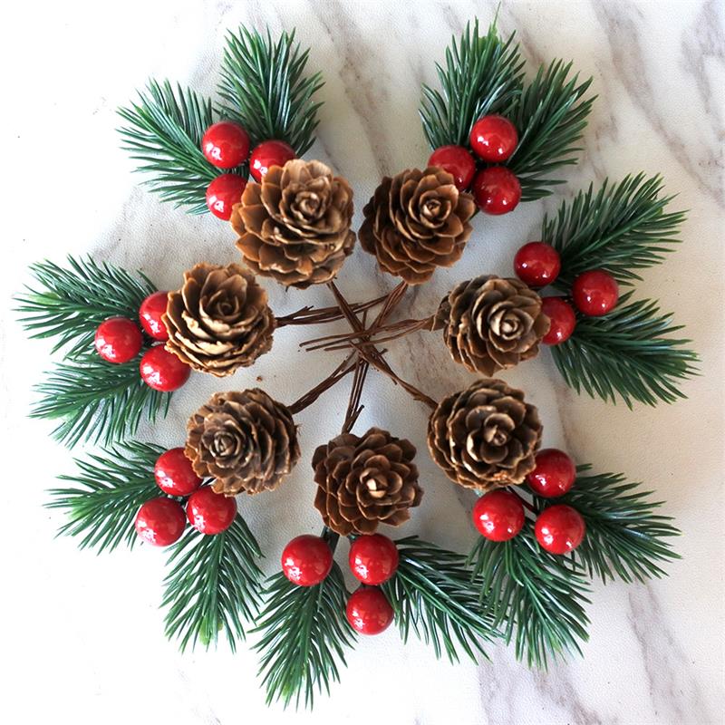 10Pcs Christmas Artificial Flower Red Berry Pine Cone Holly Xmas Party Decor