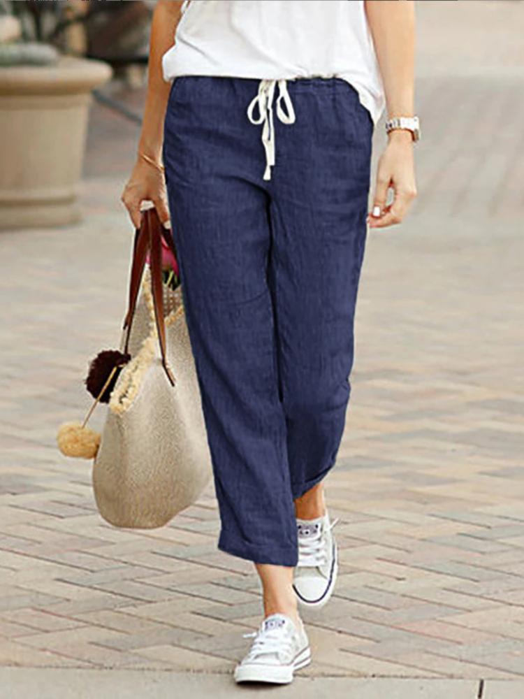 Women's Cotton Linen Pants Drawstring Elastic Waist Trousers Casual Solid Color Long Pants