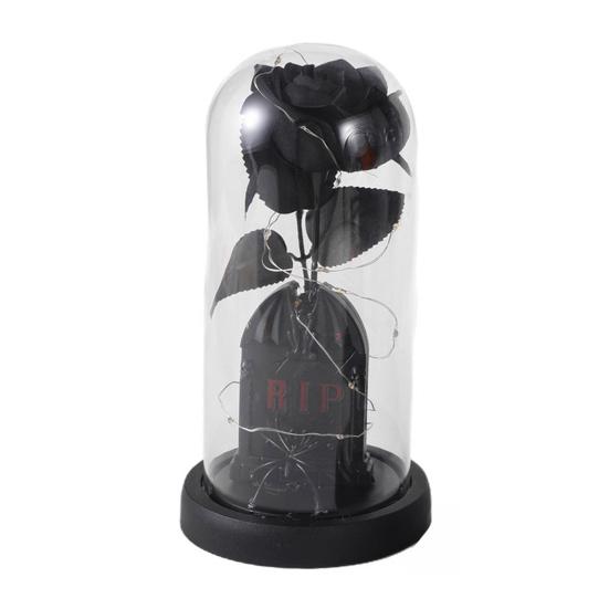 Preserved Black Roses in Glass Dome Halloween Light-up Eternal Flower in Cloche with Skull Pumpkin Statue for Home Kitchen Mantel Tabletop Decor