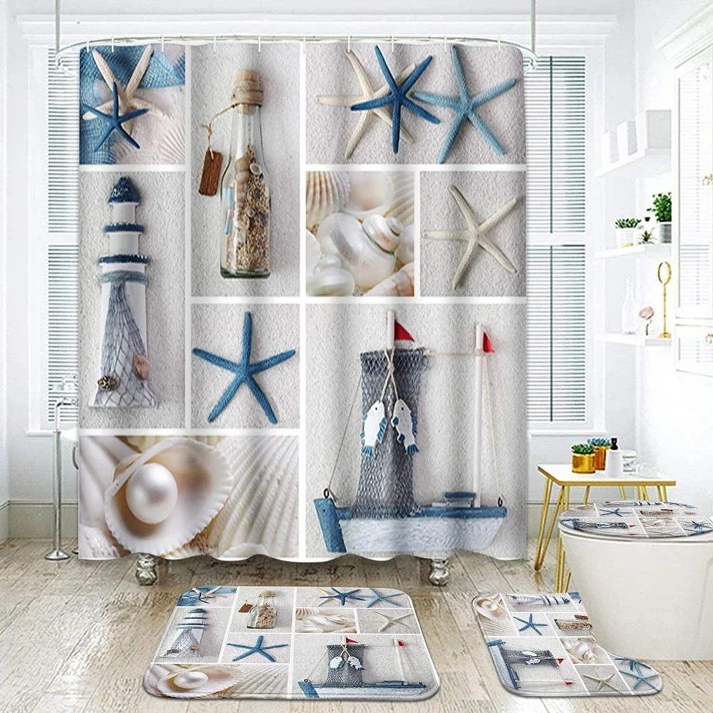 Bathroom Accessories Set Ocean Theme Shower Curtain Bath Mat Toilet Cover U Shape Pad Durable For Home Hotel Gifts