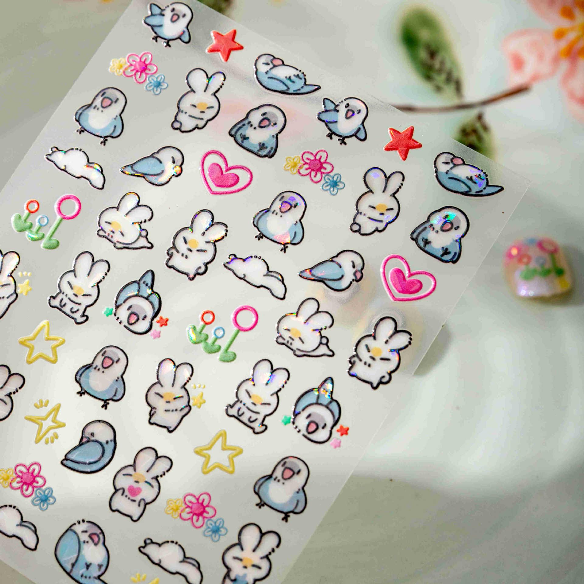 

Angry Rabbit & Dove Cartoon Nail Stickers for Kids Cute Sparrow and Rabbit