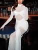 European-American Style Sexy See-Through Long Dress - Slim Fit, Round Neck, Open Back, Long Sleeve, Slit, Spring/Summer New Arrival