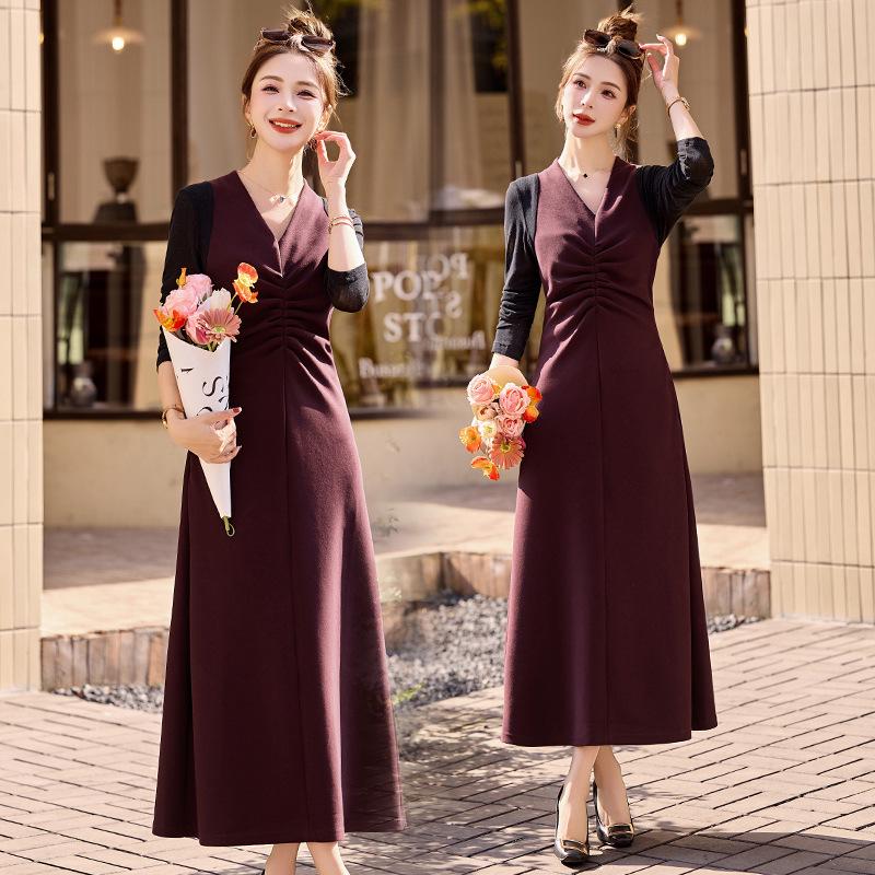 

Весна 2025 Приталенное женское платье с V-образным вырезом и длинными рукавами M 90-105 lbs