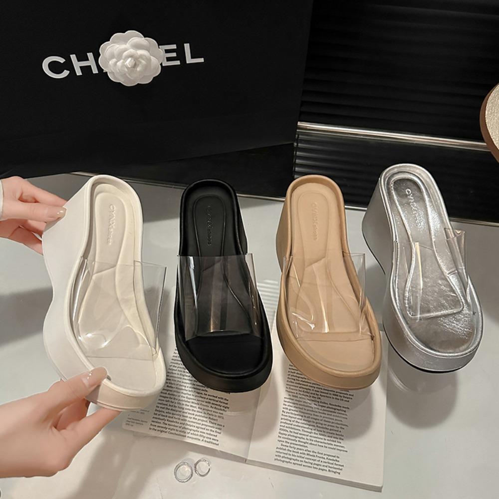 Fashion Women's Outdoor Slippers 2025 New Summer Slope Heel Beach Slippers Transparent Strap High Heel Thick Bottom Straight Sandals