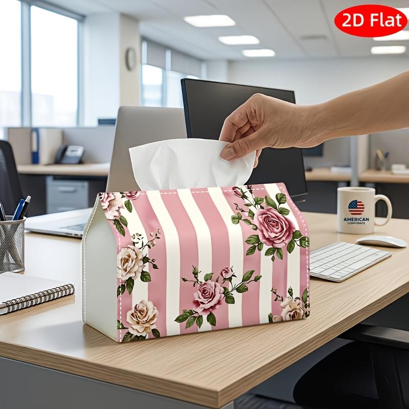 2D Flat, 1pc Tissue Box, Printed on Both Sides, Tissue Box Holder in Pink And White Stripes with Roses A Versatile Napkin Dispenser for Home, Parties,