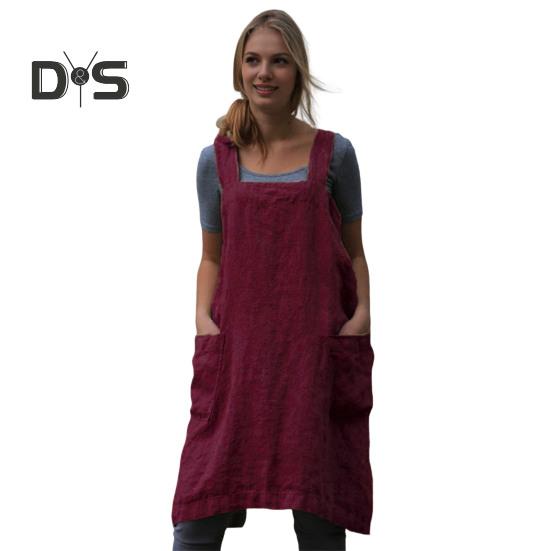 Women Bib Apron X Shape Back Bandage Design Wide Strap Large Pocket Apron Dress Kitchen Cooking Cleaning Tools
