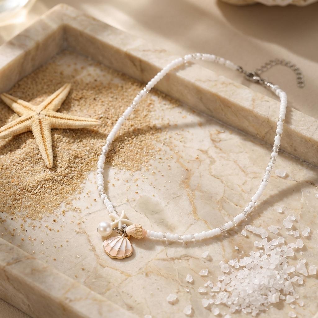Ocean Inspired Beaded Choker Necklace for Women Shell Starfish Conch Pearl Style Minimal Beach Jewelry Summer Vacation Accessory