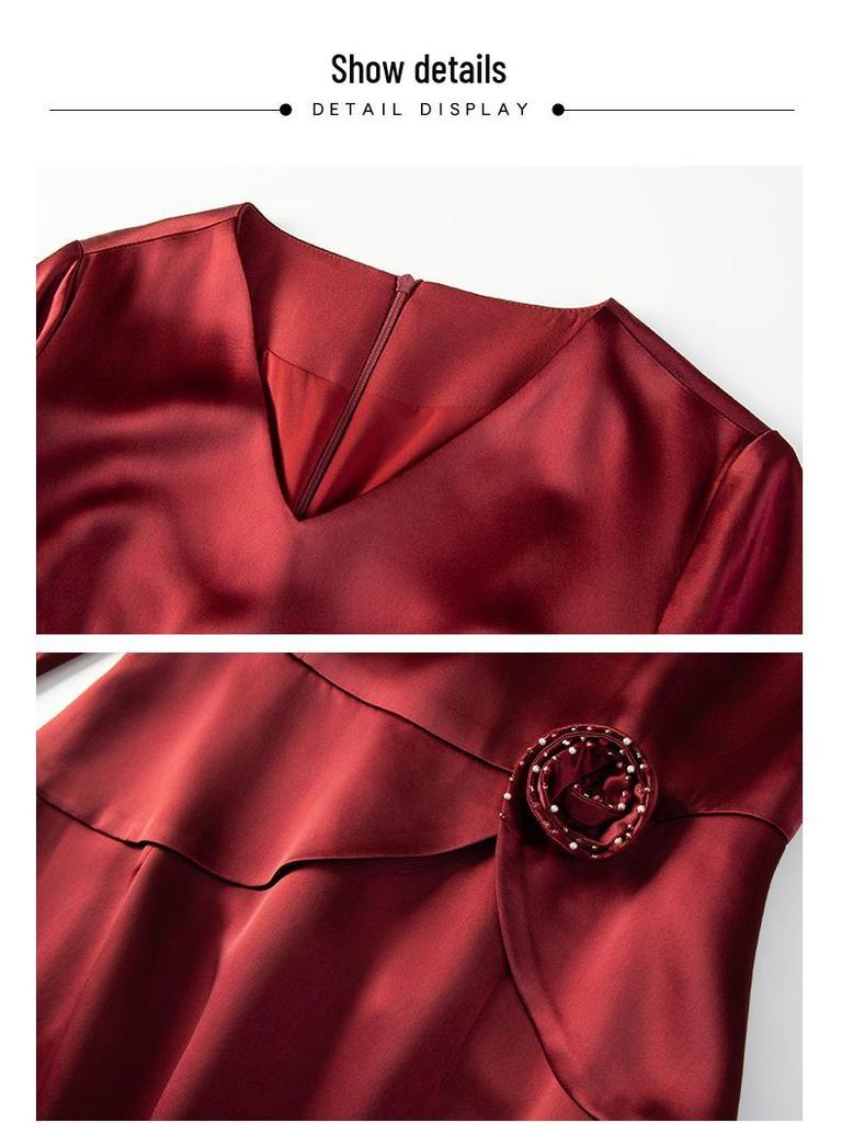 2025 Autumn Elegant V-neck Slimming Dress for Young Mothers - Wine Red Acetate Skirt