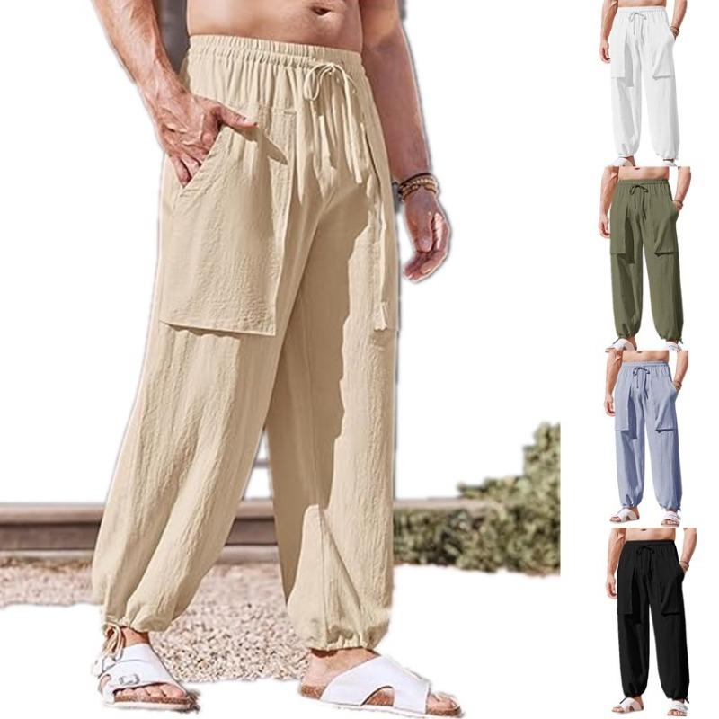 Summer Men's Workwear with Multiple Pockets Oversized Casual Pants Made of Loose Drawstring Leg Tied Pants Trousers Men’s