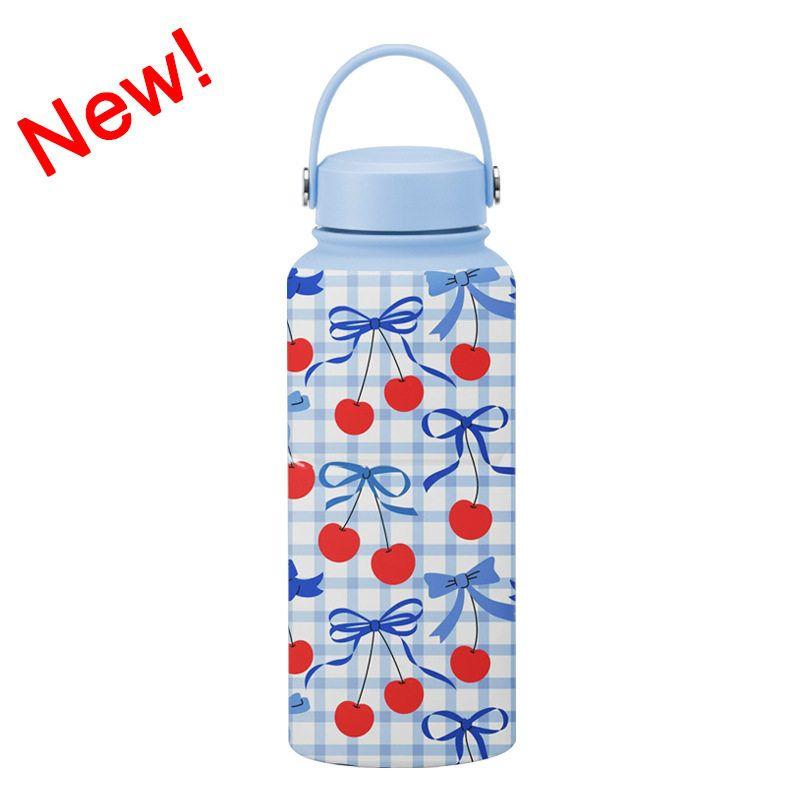 2025 New Model 1L Large Capacity Thermos Cup with Wide Mouth, Portable Handle, Sports Water Bottle, Outdoor Printed Water Cup for Women