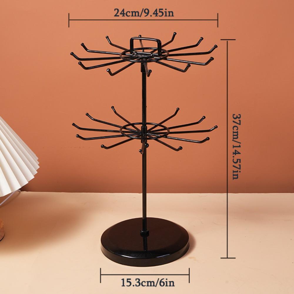 

1pc 2 Tier Black Metal Rotating Necklace and Bracelet Organizer Jewelry Stand with 24 Hooks Multipurpose Accessory and Keychain Spinning Display Rack 1pc