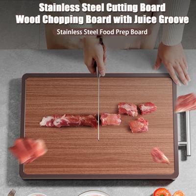 Stainless Steel Wood Cutting Board with Juice Slot Double-Sided Reversible Chopping Board for Kitchen Portable Cutting Board for Meat Fruits