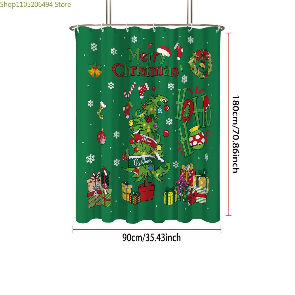 1pc Merry Christmas Green Printed Waterproof Shower Curtain with 12 Hooks, Available In Multiple Sizes and Machine Washable