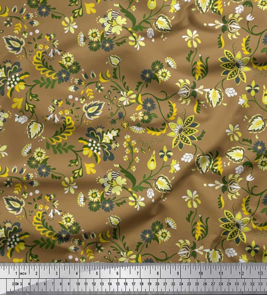 Soimoi Japan Crepe Satin Fabric Leaves & Floral Artistic Decor Fabric Printed Metre 42 Inch