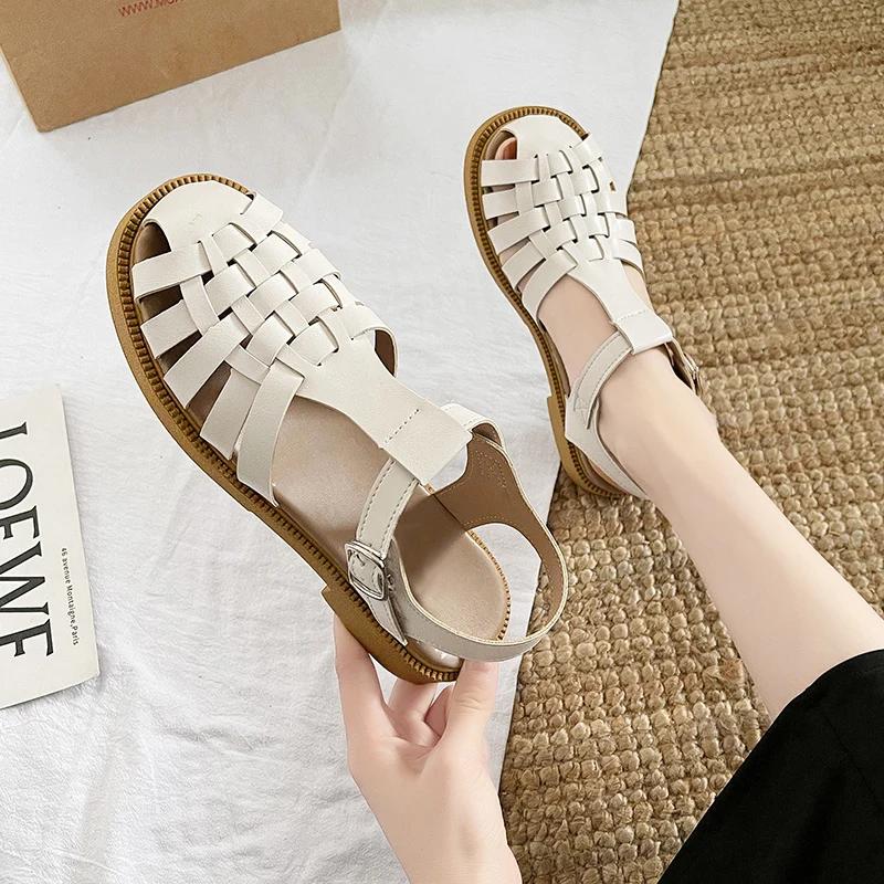 Fashion Women Sandals Black Shoes for Women 2025 Summer Women's Heels Breathable Beige Low Retro Ladies Flat Gladiator  Women Shoes