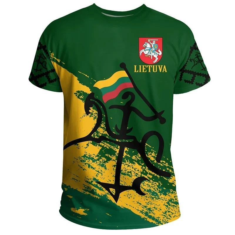 Lithuanian Flag and Emblem 3D Printed T-shirt Summer Round Neck Short Sleeve Sports Street Men's T-shirts
