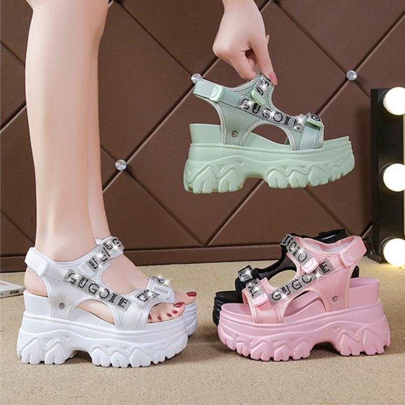 Dámské 9CM Robustní Platformové Módní Kamínkové Klínkové Sandály Letní Venkovní Ležérní Zvýšené Boty Plážové Pantofle Sandály 35-40