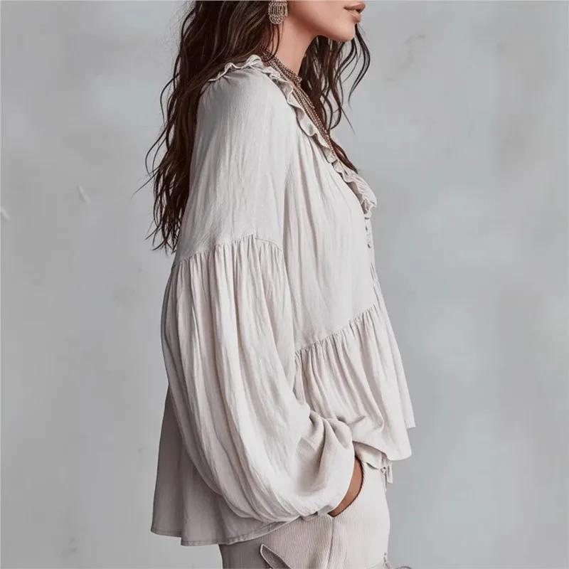 Vintage Women's Blouses Boho Casual Sweet Fungus Hem Puff Sleeve Pleated Loose Deep V-neck Long Sleeve Shirt Tops Women Clothing