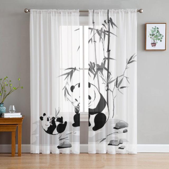 Animal Cute Panda Bamboo Cartoon Window Curtains Living Room Tulle Curtains Kitchen Decor Kids Room Curtain Window Treatment