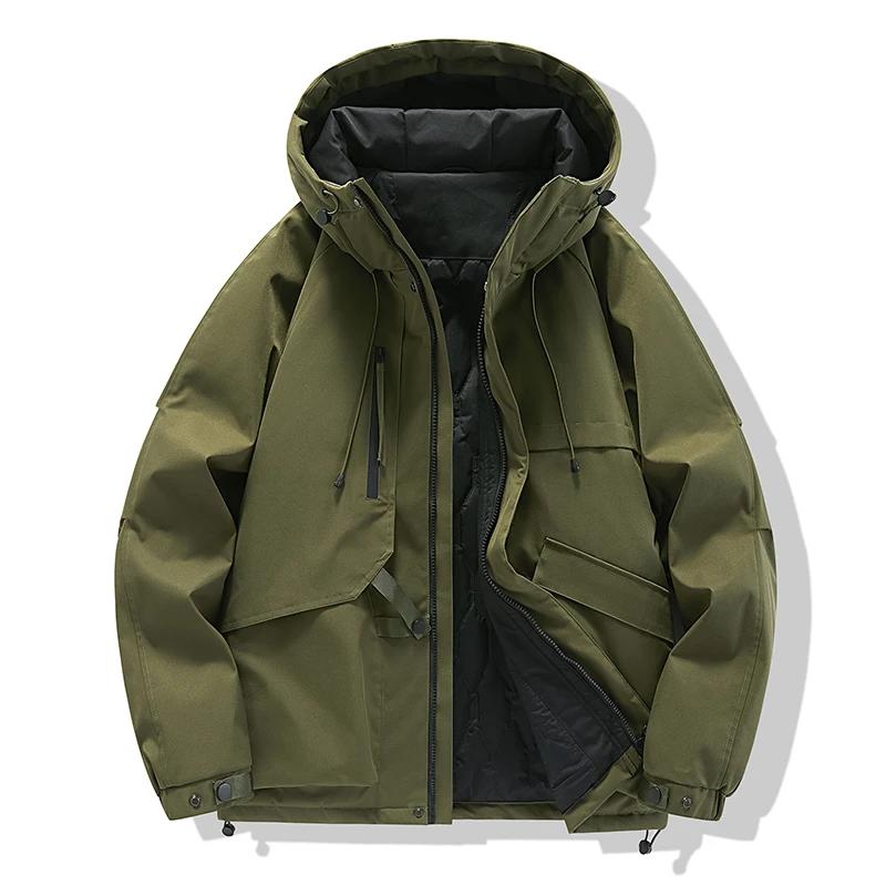 2025 Autumn Men Loose Hooded Zipper Jacket Men Soild Color Jacket Men Workwear Casual Coats Male Warm Outerwear Black Coat