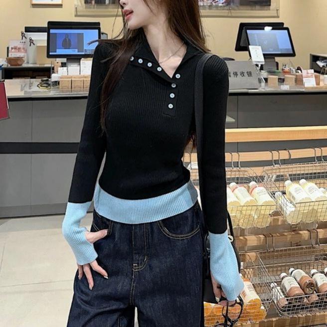 Andy fleece washing water splicing contrasting color lapel sweater finger cover slim and thin lazy thickened knitted sweater One size fits all чёрный 2090₽