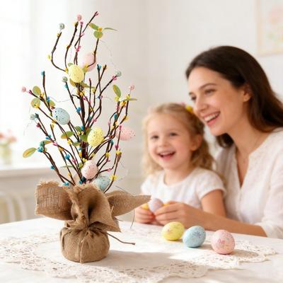 Velikonoční stromek s vajíčky a LED světly Umělá vajíčková dekorace pro jarní svátek Středový prvek na stůl pro domácí párty