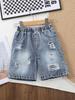 Jungen Street-Style Retro Vielseitige Jeans-Shorts — Schneeflocken-Waschung, Used-Details, Elastischer Bund, Knielang — Frühjahr/Sommer Kollektion