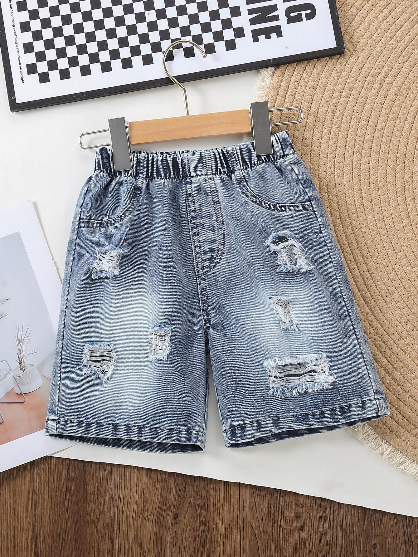 Boys  Street-Style Retro Versatile Denim Shorts — Snowflake-Washed Finish, Distressed Details, Elastic Waist, Knee-Length — Spring/Summer Collection 4Y