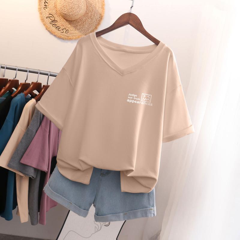 

Short-sleeved T-shirt for Women, Large Size, Loose and Slimming, Printed V-neck Top 5XL абрикосовий