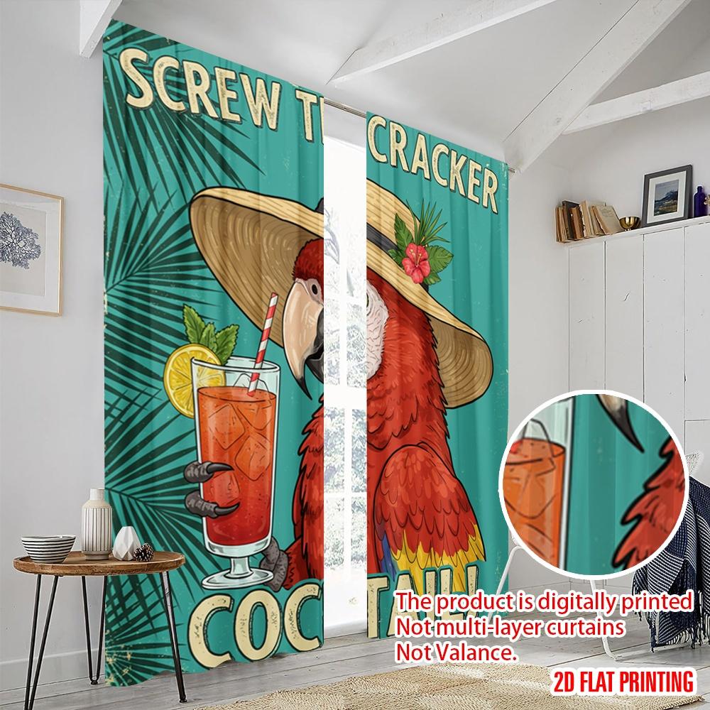 2pcs 2D Flat Printing Scene Curtains Polly Parrot Cocktail Tropical 100% Polyester Without Electricity Birthday Party Perfect